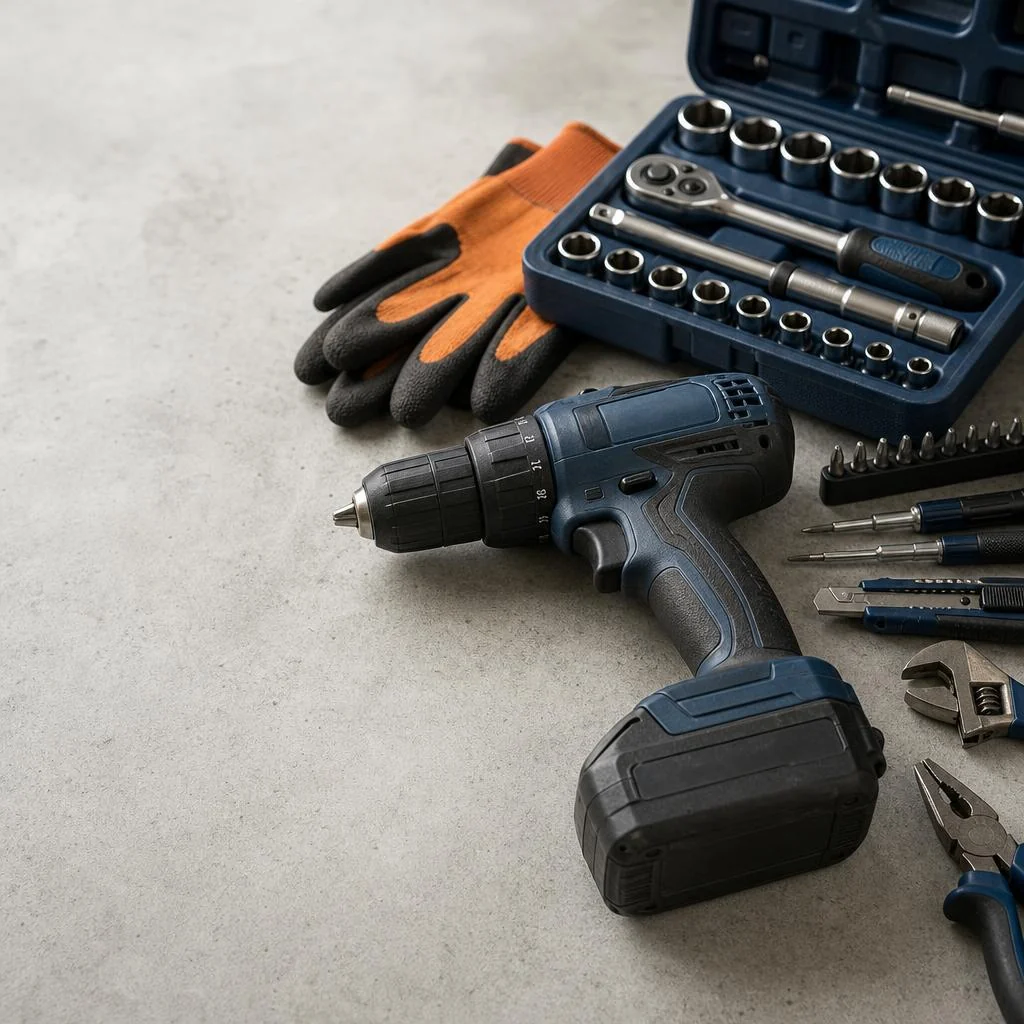 Cordless drill, socket set, screwdrivers, pliers and orange work gloves laid out on pale concrete