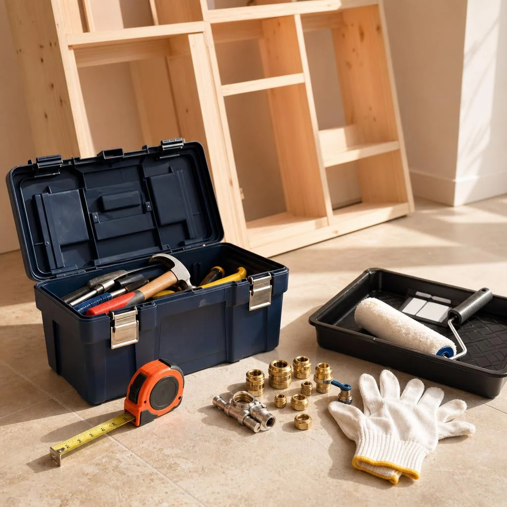 Open toolbox with hammers and drivers beside a tape measure, brass fittings, a paint roller tray and work gloves