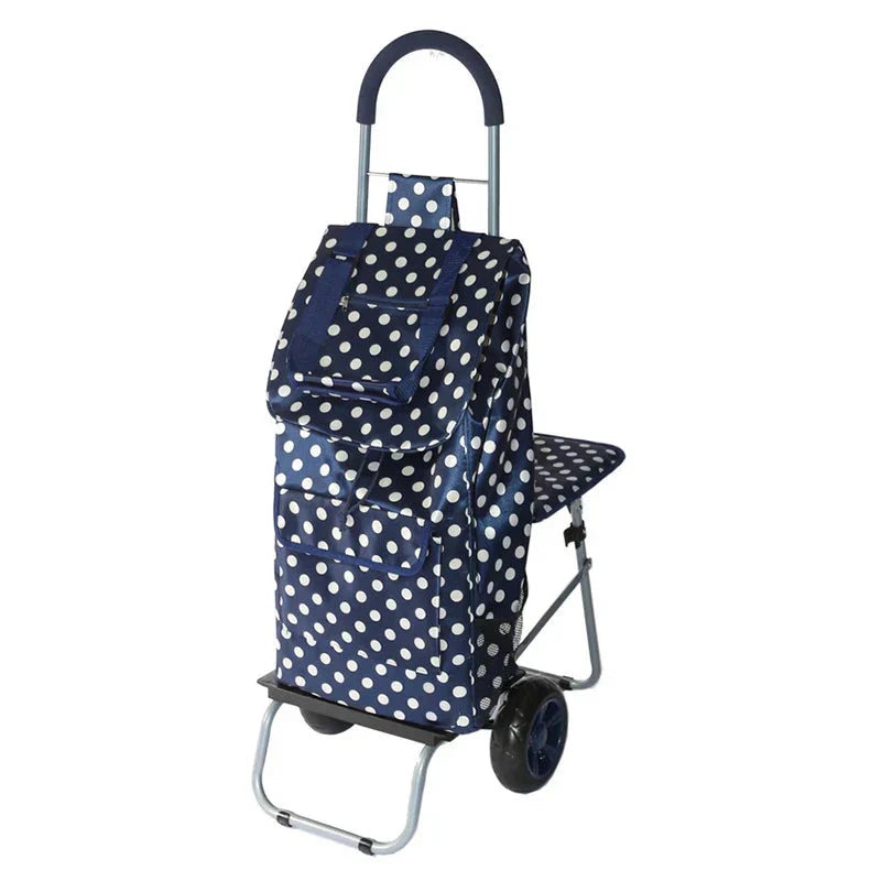 Blue Polka Dot Foldable Shopping Cart With Seat, L 17 in x W 14 in x H 38 in - Trendy With Seat